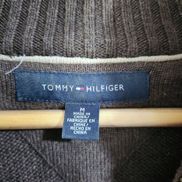Tommy Hilfiger Sweater Size Medium Knit Brown 1/4 Zip Pullover Patched Elbows - Picture 5 of 10